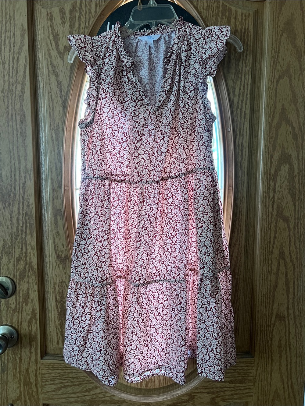 Time and Tru Pink Floral Ruffle-Tier Midi Dress
